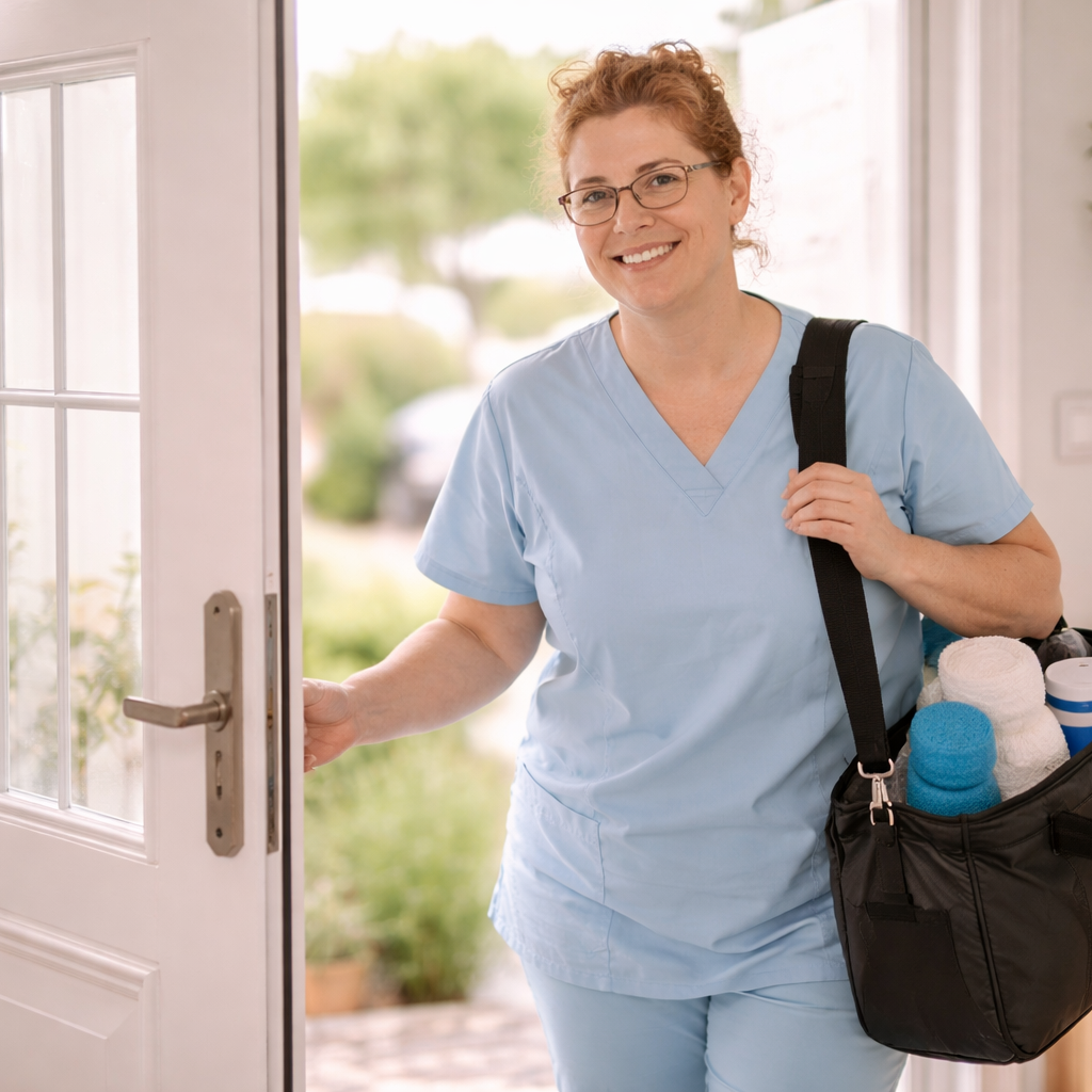 Die Therapeutin kommt auf einem Hausbesuch an und tritt gerade freundlich lächelnd durch die Türe in die Wohnung des Patienten