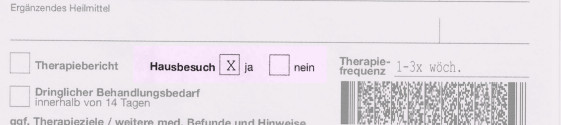 Rezept für Krankengymnastik mit Hausbesuch. So muss er auf dem Kassenrezept verordnet werden.