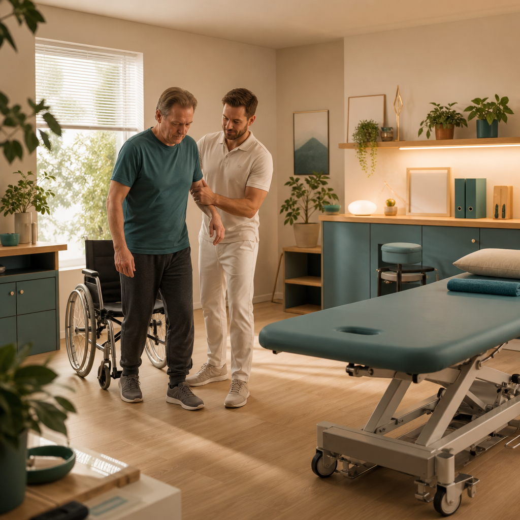 A physical therapist supports an older man practicing mobility in a warm rehabilitation room equipped with a wheelchair and treatment table.
