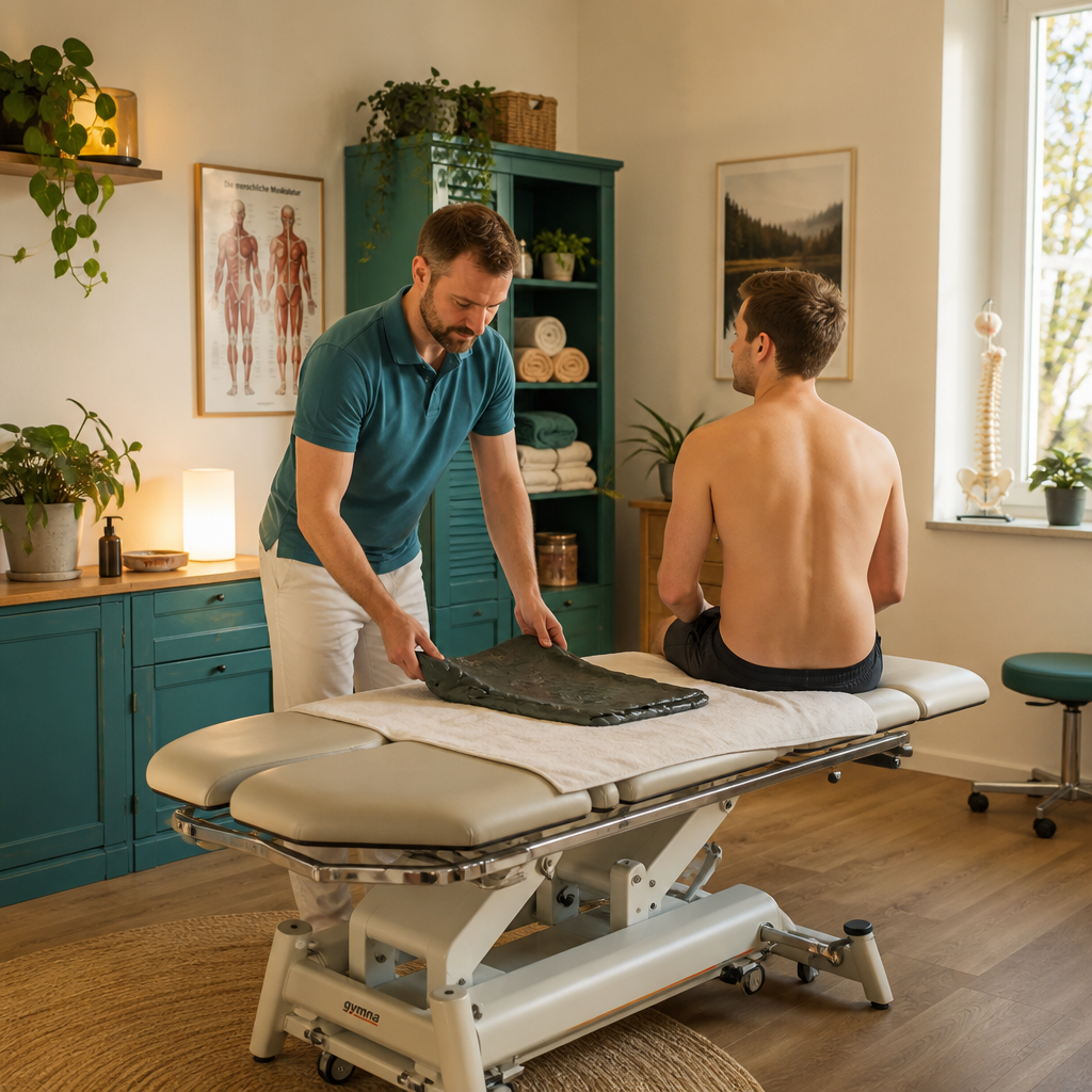 A therapist prepares a treatment table while a seated patient waits in a warm, plant-filled chiropractic or physiotherapy clinic.