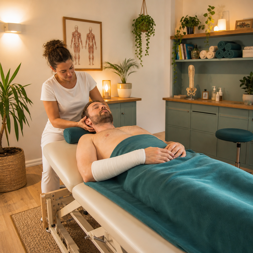 A therapist gently supports a relaxed client on a treatment table in a warm, calming wellness clinic with plants, anatomy artwork, and rolled towels.