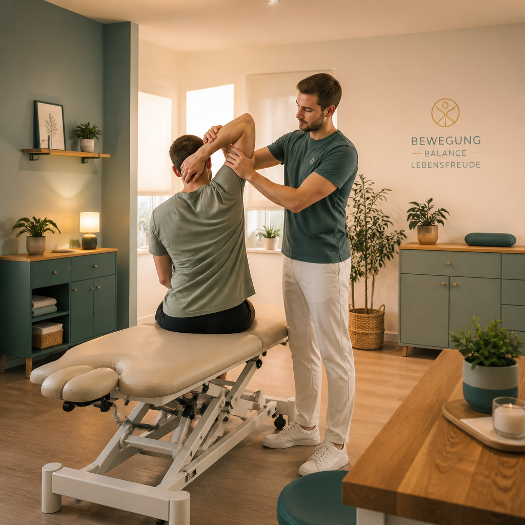 A movement therapist guides a seated client through a gentle shoulder mobility exercise in a bright, welcoming wellness studio.