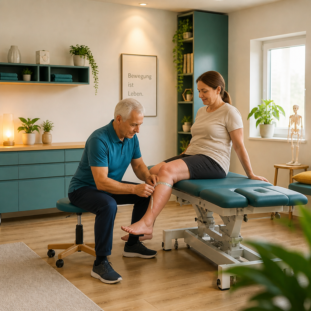 A physiotherapist measures a patient's lower leg during a knee assessment in a bright, modern rehabilitation clinic.
