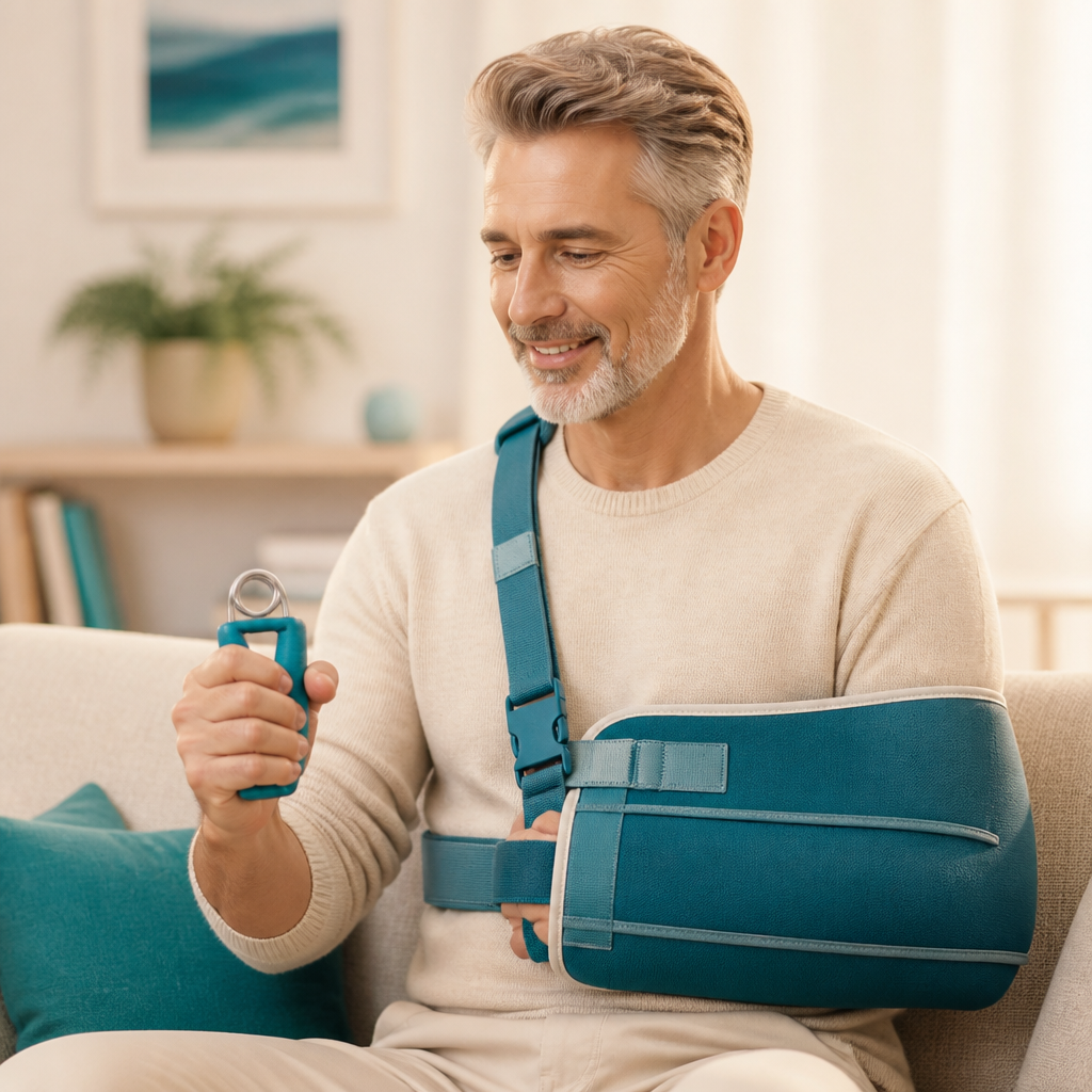 A smiling middle-aged man sits at home wearing a teal arm sling and using a hand exercise tool during recovery.