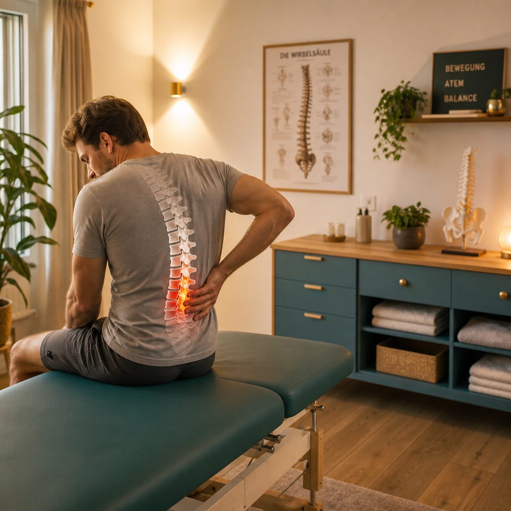 A man sits on a therapy table holding his lower back, highlighted with a visual spine overlay to illustrate lumbar pain and discomfort.