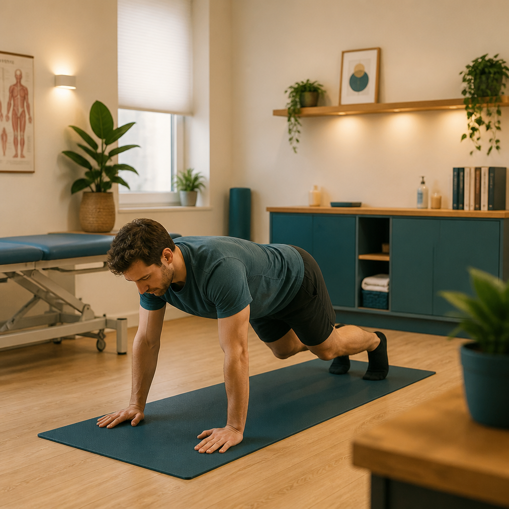 A man exercises on a yoga mat in a bright wellness studio, holding a plank position while performing a mountain climber movement.