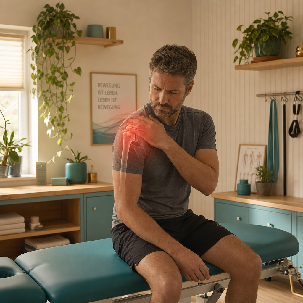 A man sits on a therapy table while holding his painful shoulder, illustrated with a glowing anatomical shoulder joint overlay in a warm wellness and rehabilitation setting.