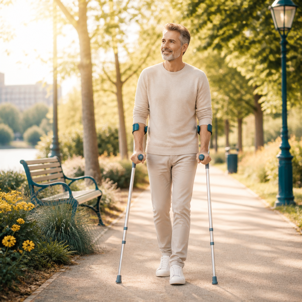 A smiling middle-aged man uses forearm crutches while walking along a sunlit park path surrounded by trees, flowers, benches, and vintage-style lampposts.