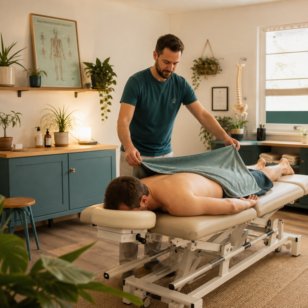 A therapist gently covers a client with a towel during a professional massage treatment in a warm, plant-filled wellness studio.