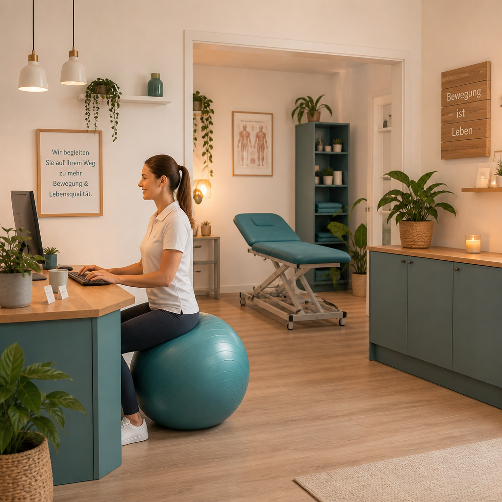 Warm, welcoming physiotherapy clinic interior with a receptionist seated on an exercise ball, a treatment table, indoor plants, and calming teal and wood decor.