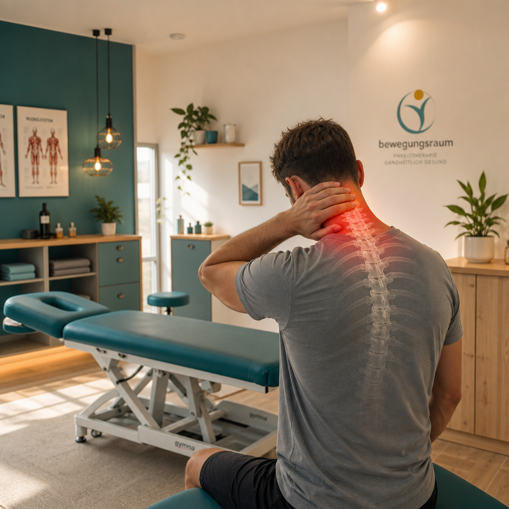 A man holds the back of his neck in a modern physiotherapy clinic, with a highlighted spine illustrating cervical pain or discomfort.