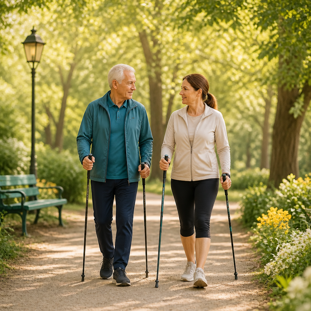 An active older couple enjoys a sunny walk along a tree-lined park path using Nordic walking poles, surrounded by flowers, greenery, benches, and warm golden light.