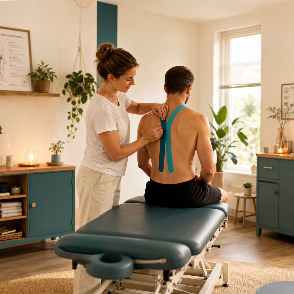 A physical therapist applies blue kinesiology tape to a man's upper back in a warm, modern treatment clinic.