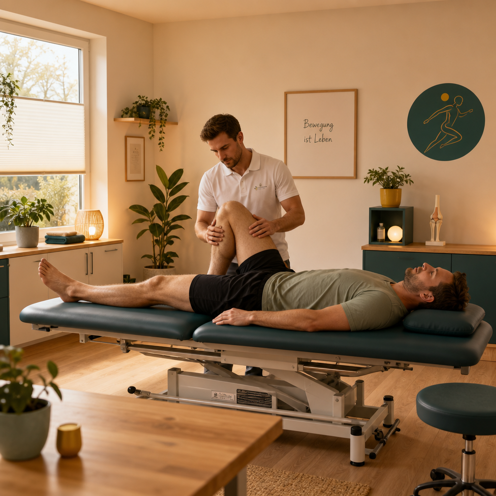 A physical therapist gently assesses a patient's knee and leg on a treatment table in a warm, modern rehabilitation clinic.
