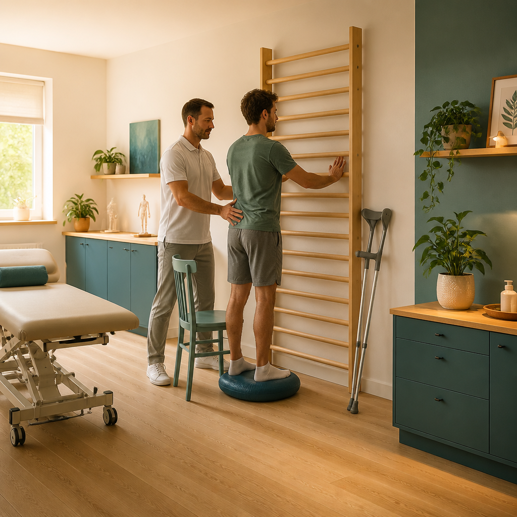 A physical therapist assists a man practicing balance and stability exercises on a foam cushion beside a wall-mounted therapy ladder in a bright rehabilitation room.