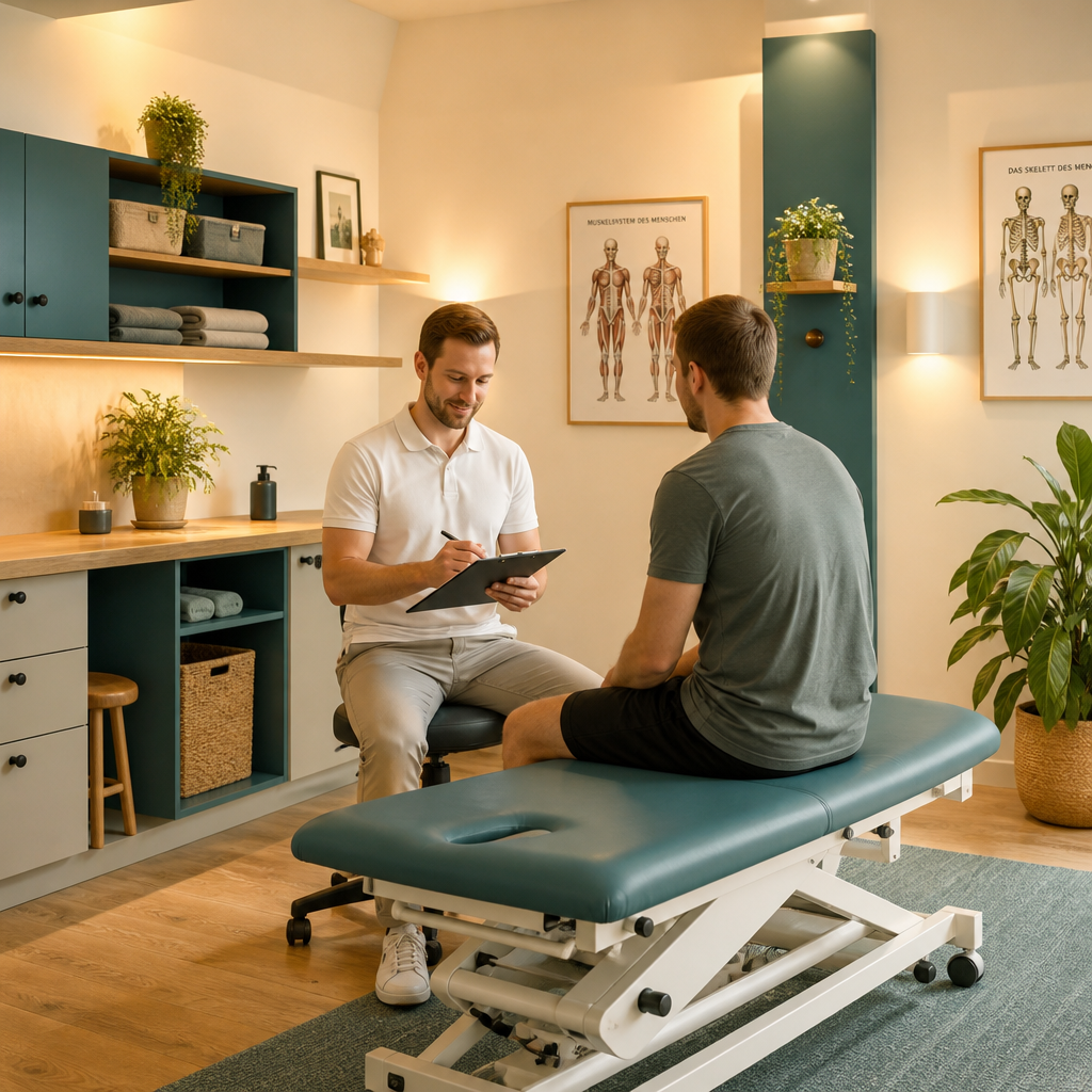 A physiotherapist discusses a patient's condition in a welcoming treatment room equipped with an examination table, anatomy charts, and wellness-inspired decor.