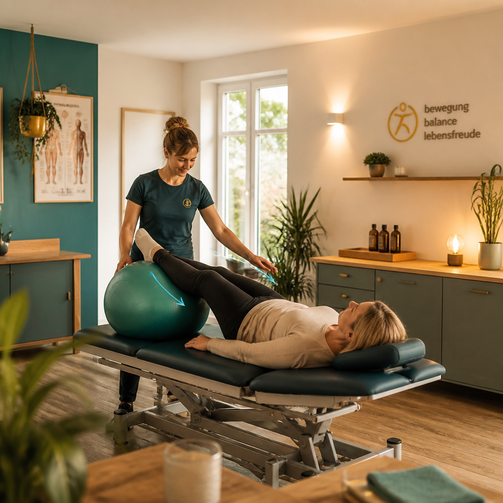 A physiotherapist guides a woman through a gentle rehabilitation exercise using a stability ball in a warm, modern treatment room.