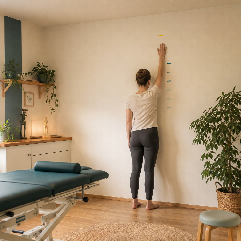 A woman reaches toward wall markers during a posture and height assessment in a bright, plant-filled Pilates studio.
