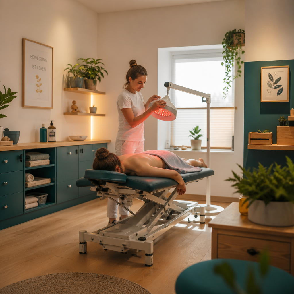 A therapist uses a red light therapy lamp over a client lying on a treatment table in a warm, plant-filled wellness studio.
