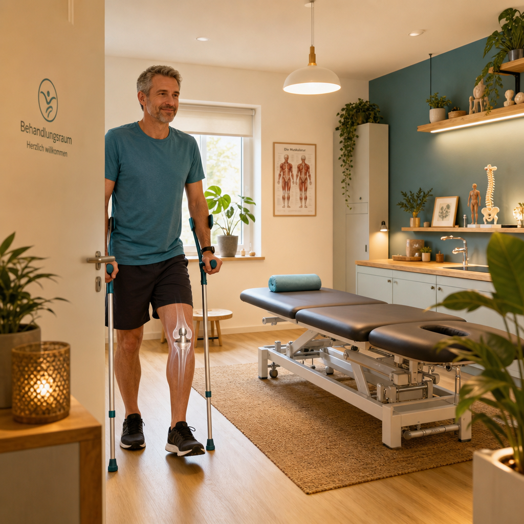 A man using forearm crutches enters a warm, modern rehabilitation treatment room with an adjustable therapy table, anatomical poster, and wellness-inspired decor.