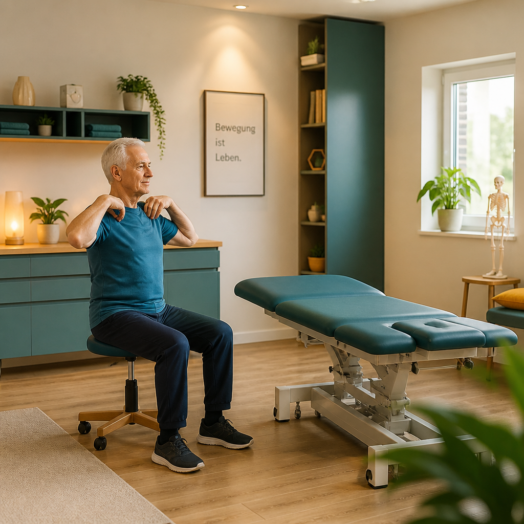An older man performs a seated shoulder exercise in a bright, welcoming physiotherapy room beside a treatment table.