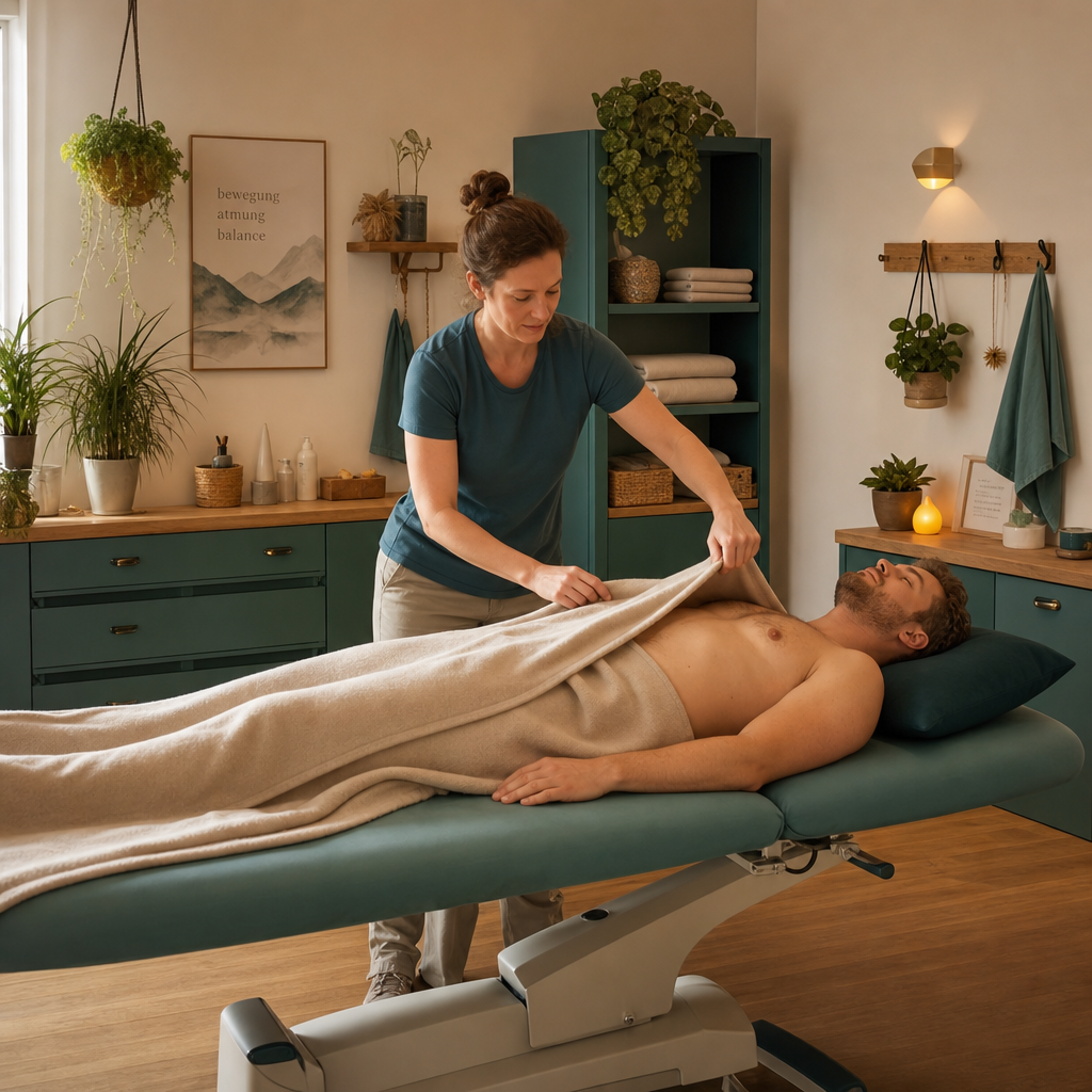 A wellness therapist gently covers a relaxed male client with a soft towel on a massage table in a warm, plant-filled spa treatment room.