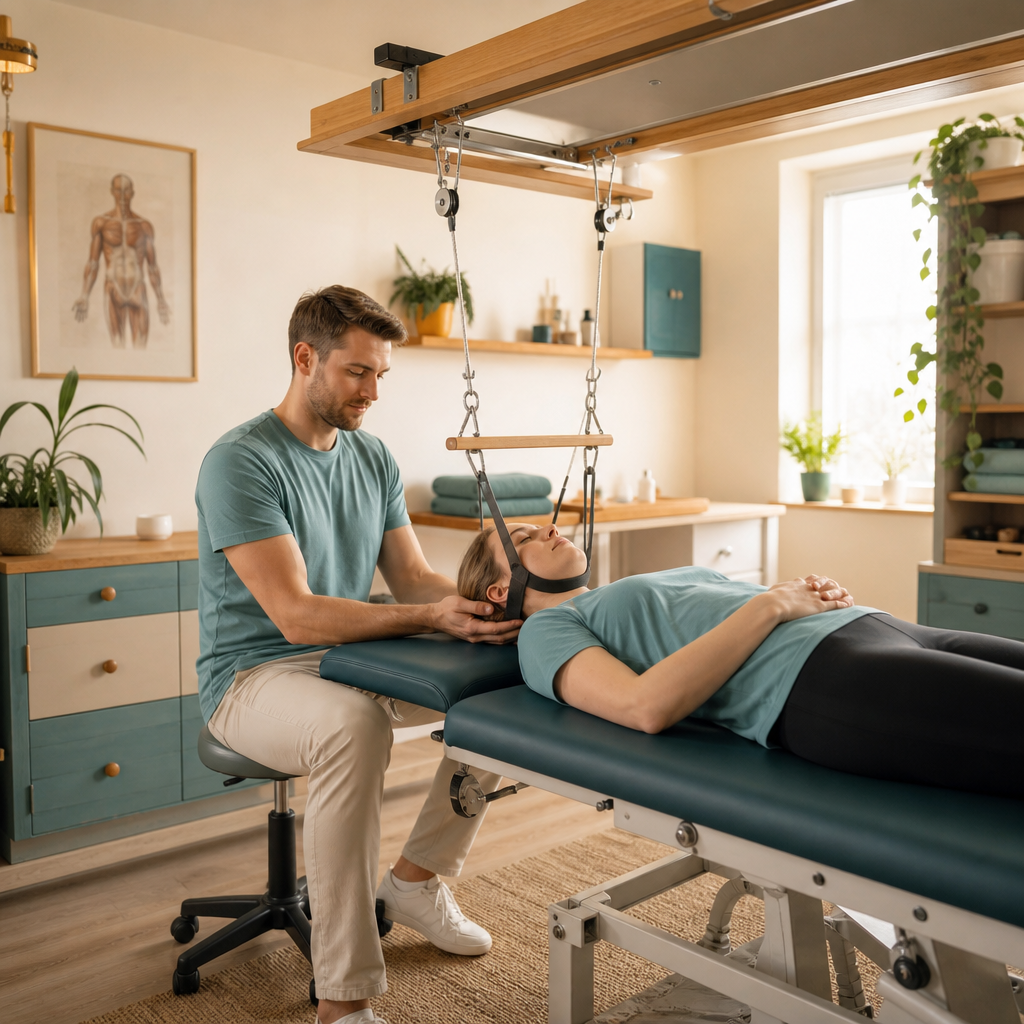 A therapist performs spinal decompression therapy on a patient using a cervical traction device in a bright, modern clinic.