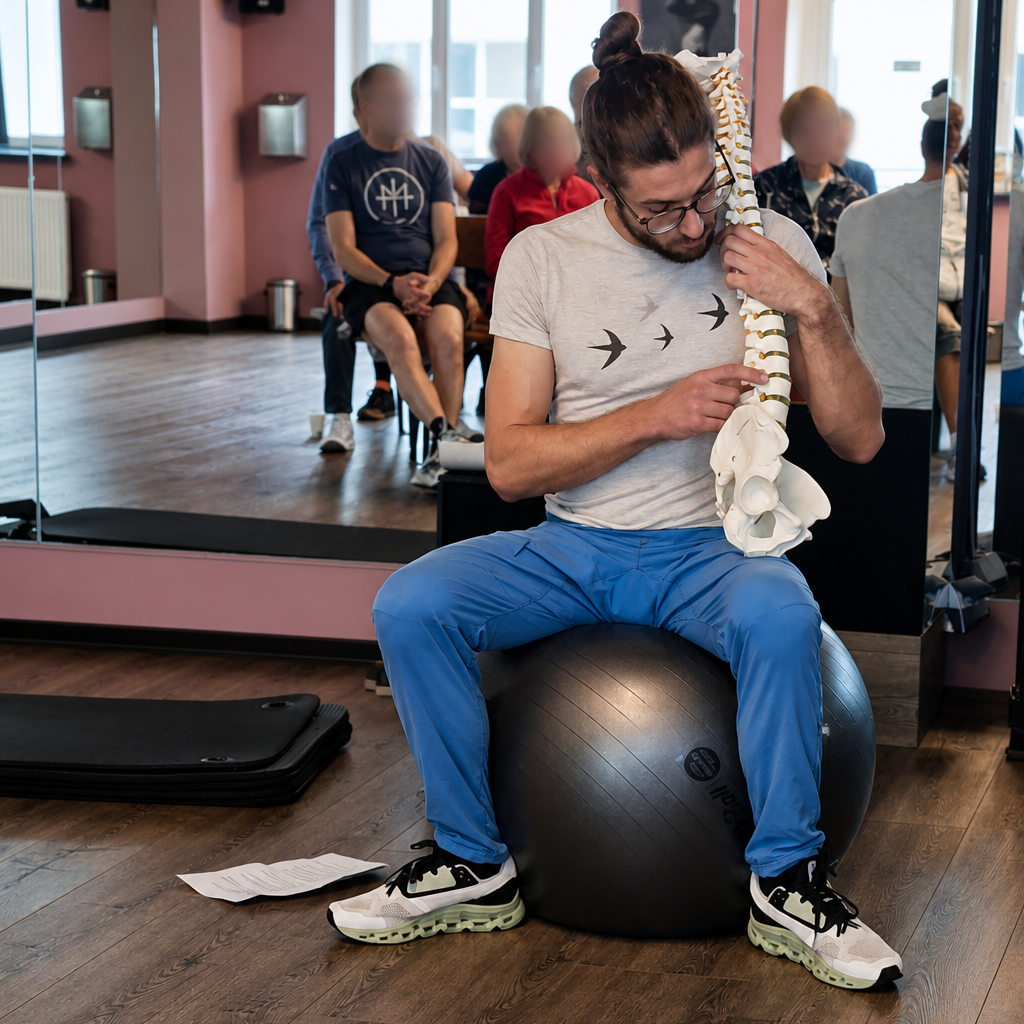 A fitness instructor holds a spine model while explaining anatomy to participants in a mirrored exercise studio.