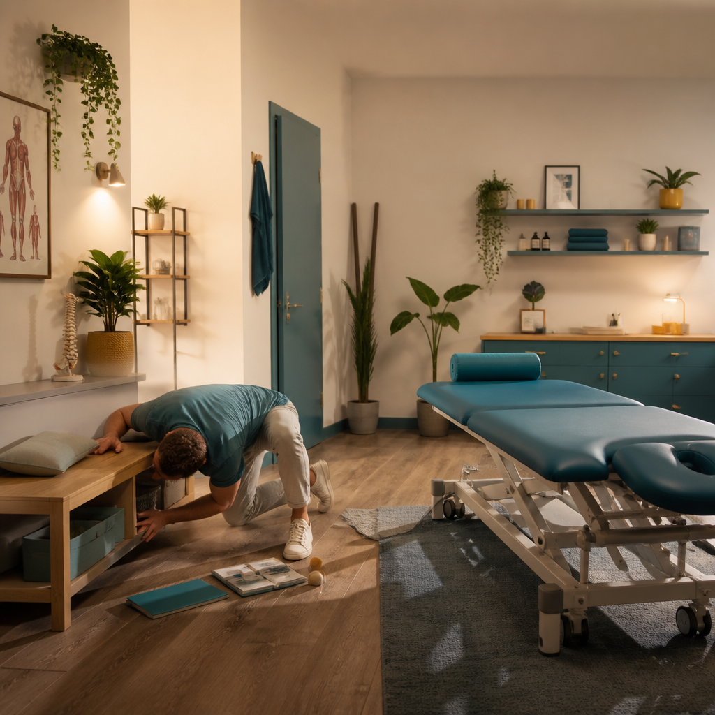 A warmly lit physiotherapy studio featuring a teal treatment table, indoor plants, wellness decor, and a person stretching on the wooden floor.