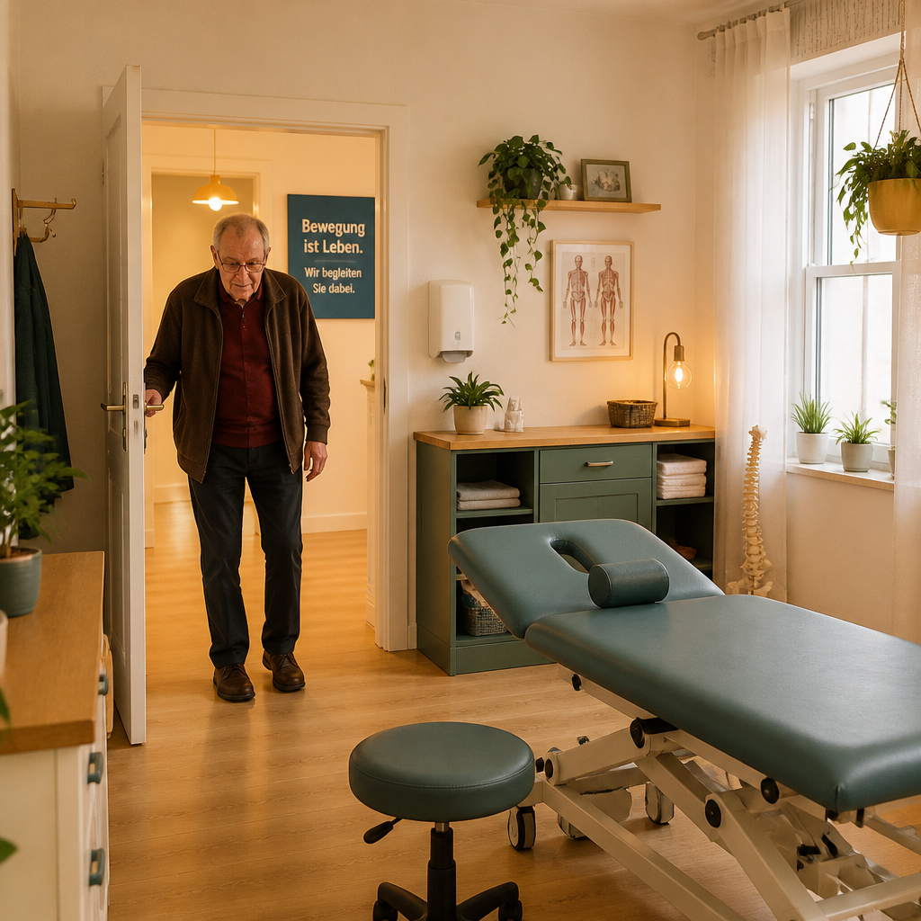 Ein älterer Mann mit Parkinson betritt den Behandlungsraum seiner Praxis für Physiotherapie, um eine neurologische Krankengymnastik zu bekommen