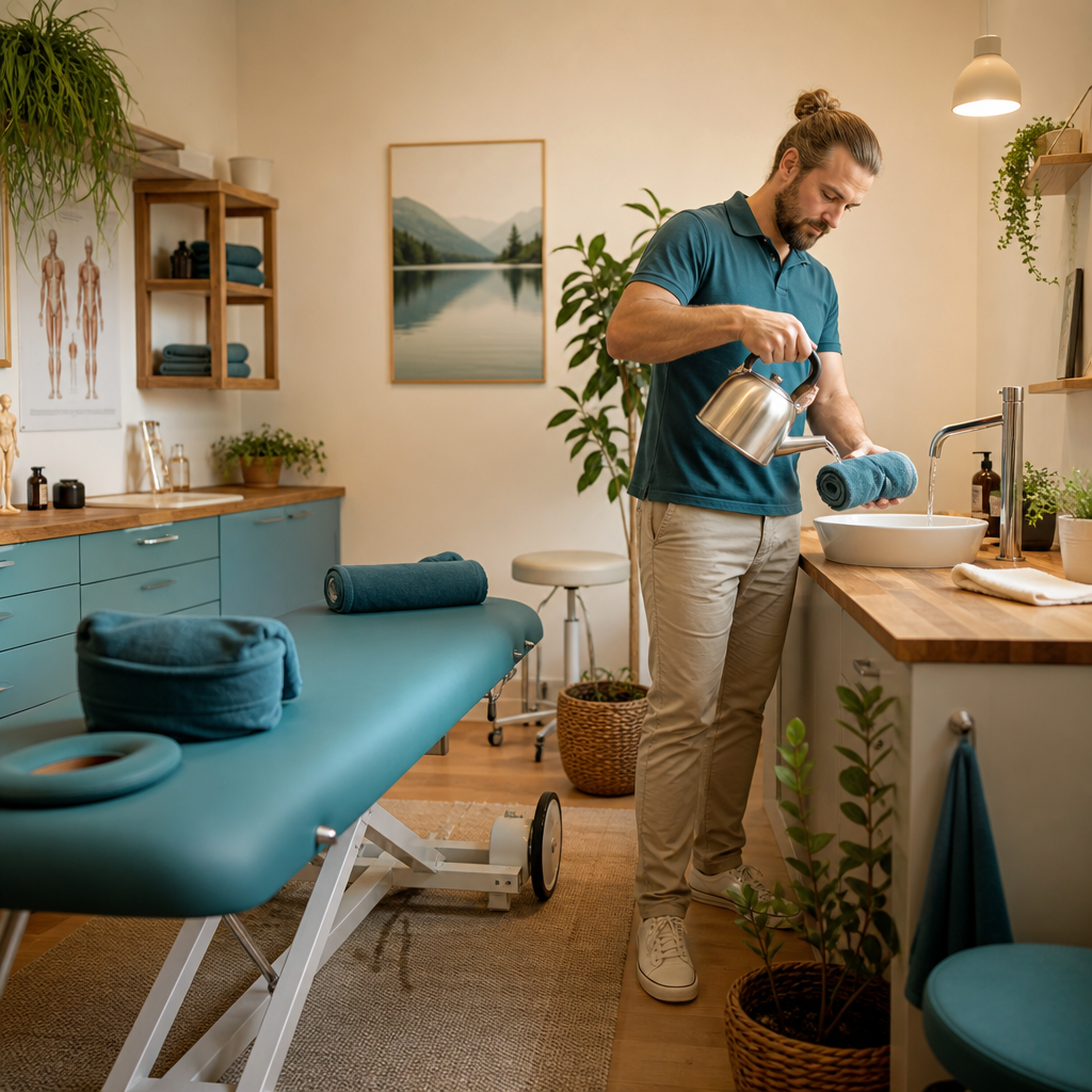 A wellness practitioner pours water into a basin while preparing fresh towels in a warm, modern treatment room.
