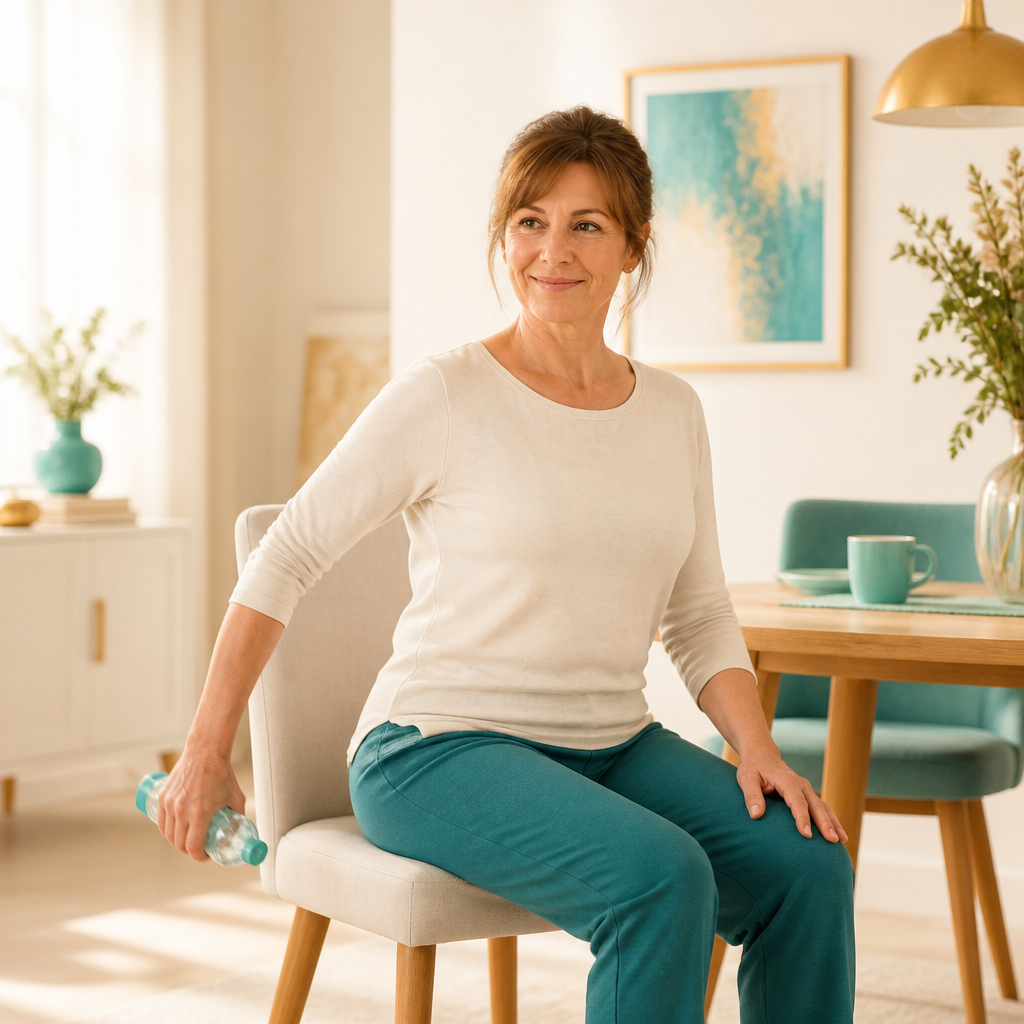 A smiling woman performs a seated exercise while holding a water bottle in a bright, welcoming home dining area.