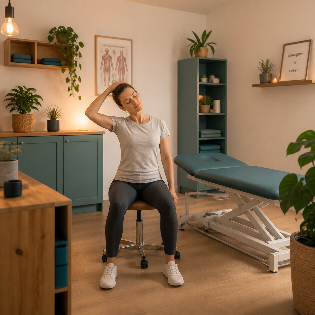 A woman gently stretches her neck while seated in a warm, plant-filled therapy or wellness studio with an examination table nearby.