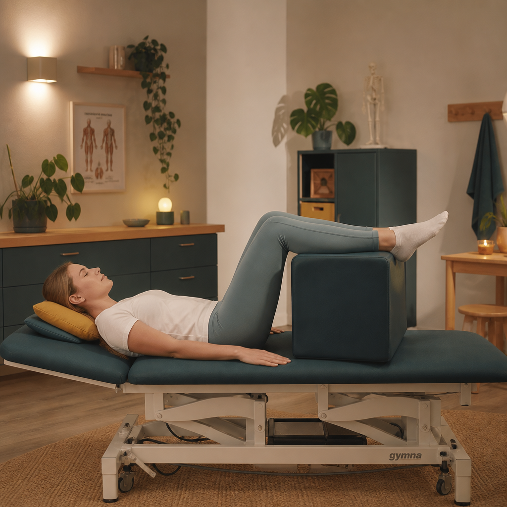 A woman lies on a physiotherapy table with her legs bent and supported on a padded box during a gentle rehabilitation or stretching exercise in a warm, home-like studio.
